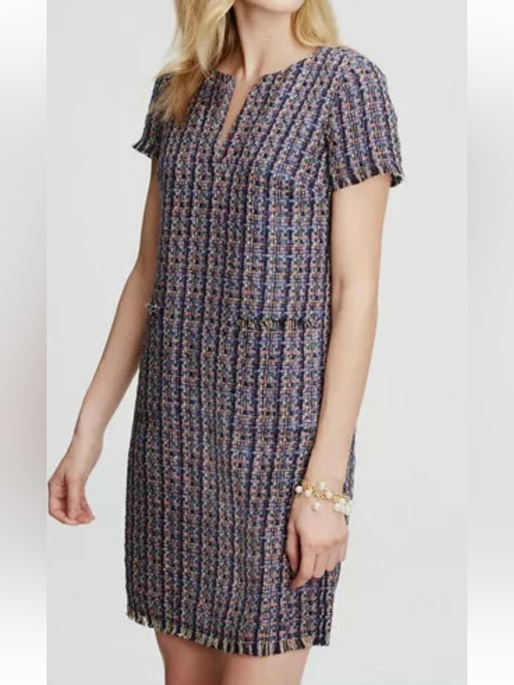 Ann Taylor multi-color tweed shift dress front patch pockets, and subtle fringe